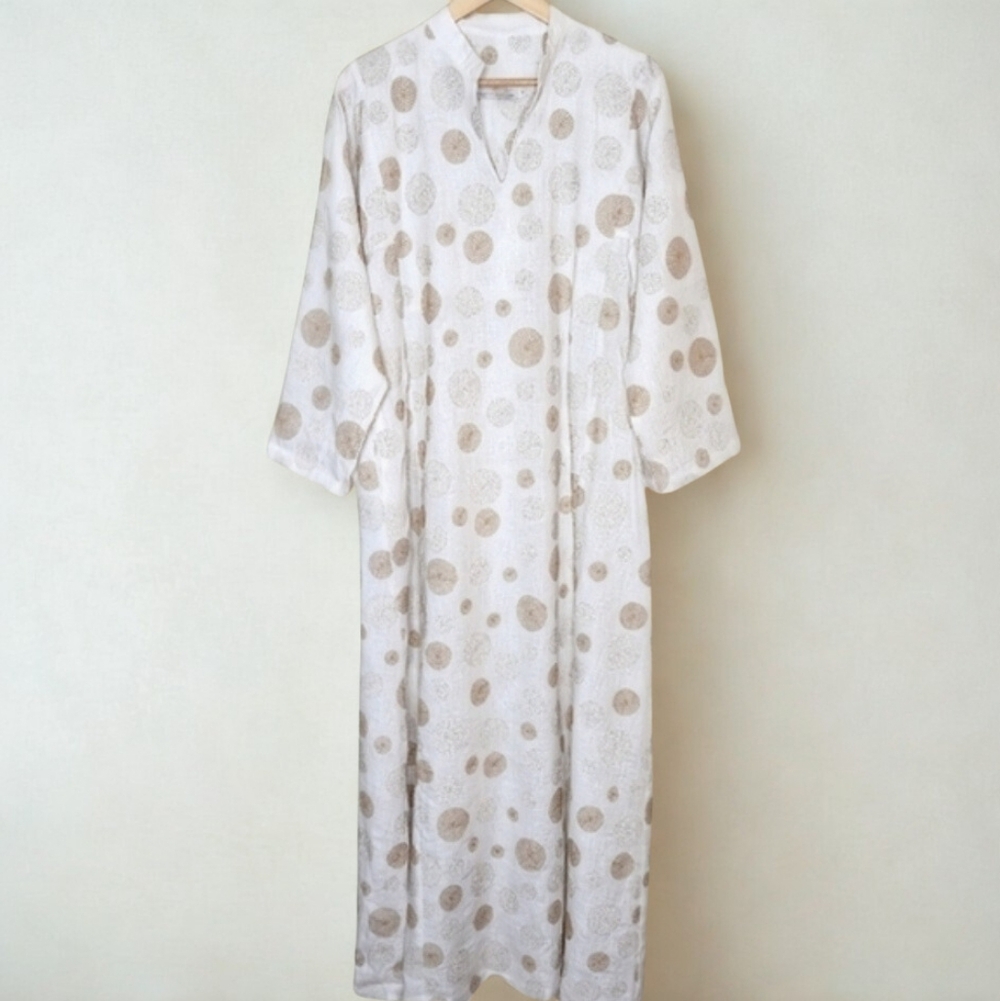 Orient 499 White Linen Kaftan with Gold & Silver Circle Embroidery - Size S